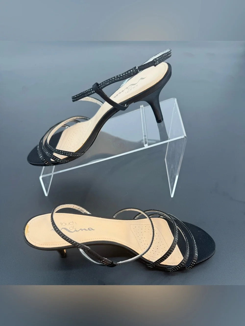 Touch of Nina Women Black Strappy Slingback Kitten Heels Size 10